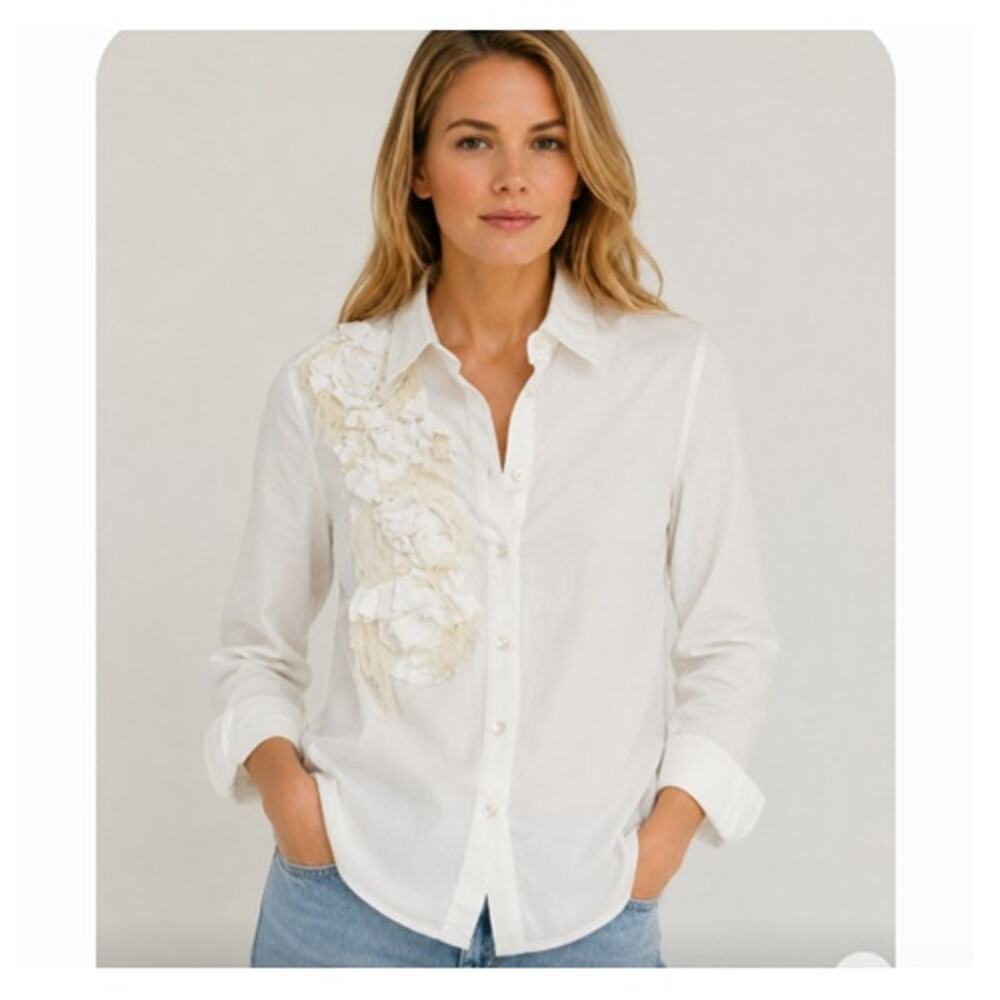 NWT Sundance Sundance 100% Cotton Blouse Womens Large White Floral Applique Top